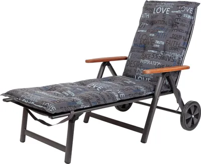 A chaise lounge with a patterned cushion on a white background.