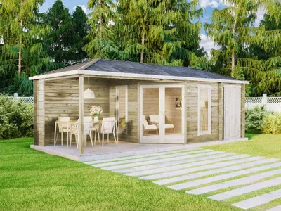 Produktbild von Alpholz 5-Eck Gartenhaus Liwa mit Anbau aus Holz in Imprägnierung Pinie mit 28mm Wandstärke und Überdachter Terrasse