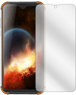 A clear screen protector is shown placed over a smartphone screen displaying a vibrant image of a planet and nebula.