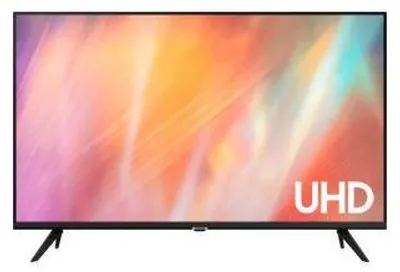 A Samsung Series 7 TV is shown from the front, with its screen displaying a colorful abstract image. The TV is on a stand.