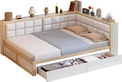 Produktbild von Massivholzbett mit Lattenrost und Schubladen, 140x200 cm, Doppelbett mit Kopfteil, Kiefer