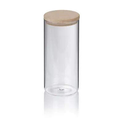 A clear, professional studio shot of a glass kitchen container with a wooden lid, isolated on a white background.