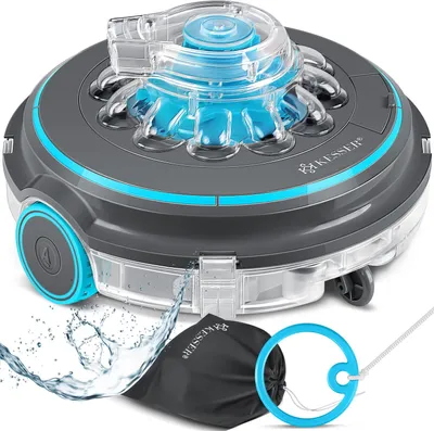 A robotic pool cleaner with accessories on a white background.