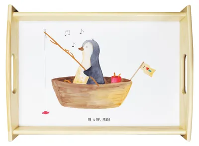 Produktbild von Mr. & Mrs. Panda Tablett Pinguin Angelboot - Weiß - Geschenk, Bett-Tablett, Scheidung, Sofa, Servier, Optimistisch, Boot, Genießen, Serviertablett, Angeln, Leben
