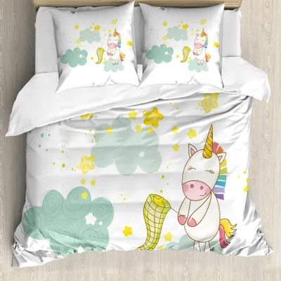 Produktbild von ABAKUHAUS Einhorn Bettbezug, Einhorn-Feen-Druck, Milbensicher Allergiker geeignet mit Kissenbezügen, 155 cm x 220 cm - 80 x 80 cm, Grün Gelb