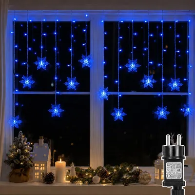 Obrázek produktu pro LED světelný řetěz, 1,8 metru, motiv sněhové vločky, vodotěsný, 8 světelných režimů, vhodné pro interiéry, zahrady, vánoční dekorace, barva: modrá