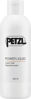 Weiße Flasche mit schwarzem PETZL-Logo und der Aufschrift Power Liquid Flüssig-Chalk 200 ml