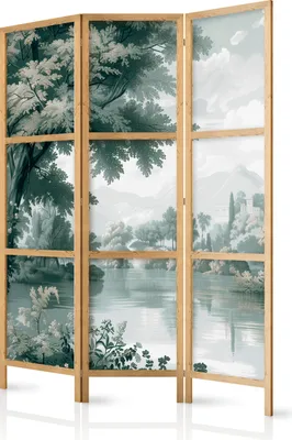 Produktbild von 3-teiliger Einseitiger Vlies Japanischer Paravent - View of the Park and Lake - Retro Vintage Landscape in Greens. 135x172 cm Landschaften c-H-10046-bh-a
