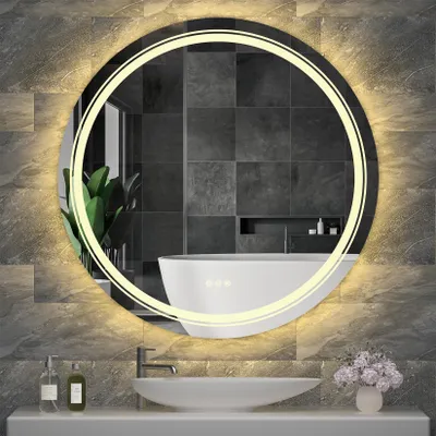 Produktbild von Vrygle LED Badspiegel Rund 90 cm—Spiegel mit Beleuchtung, Antibeschlag & Spiegelheizung, Dimmbar, 3 Touch-Schalter, Warmweiß/Kaltweiß/Neutralweiß