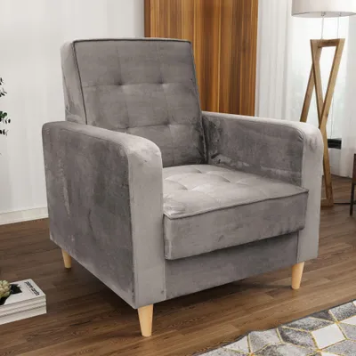 Produktbild von Sessel aus Velourstoff Bamako Loungesessel mit Holzbeine Polstersessel für Wohnzimmer, Stoff: paros 02 - beige