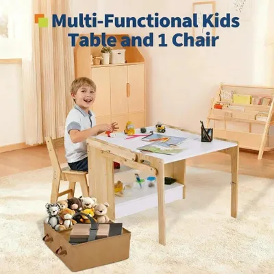 Image de Bureau enfant 2 en 1 avec chaise - Étagère pour enfants - Pliable - Rangement - 5 compartiments - 70 cm - Aspect bois