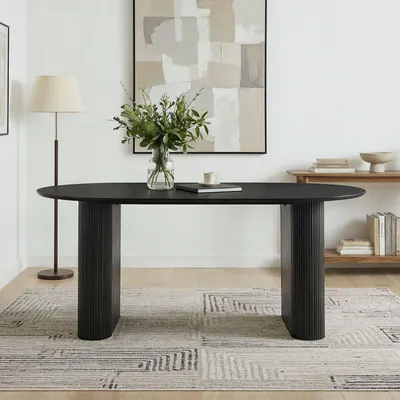 Produktbild von Esstisch MAXIM schwarz - moderner Tisch 160 x 90 cm, design Küchentisch oval mit Säulenbeinen und Lamellen, Esszimmertisch für 6 Personen