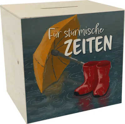 Produktbild von Für stürmische Zeiten Spardose aus Holz mit Regen Motiv