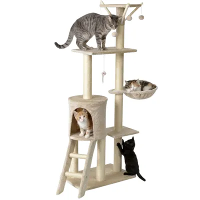Zdjęcie produktu dla Drapak dla kota domek legowisko domek drabinka zabawki sizalowe słupki 139 cm Funfit Home&Office beżowy