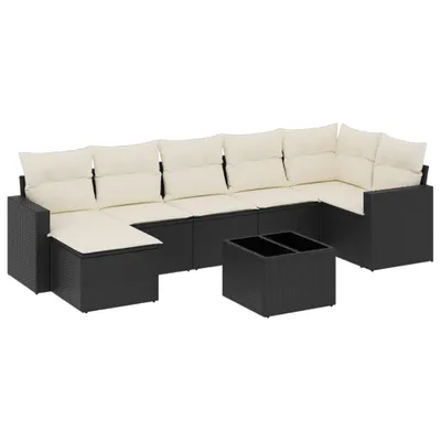 Produktbild von Modulare Garten-Sofagarnitur, 8-teilig, mit Stauraum & wasserabweisendem Beutel, Poly Rattan Schwarz, Hartglas Tisch, Cremeweiße Kissen, UV-beständig