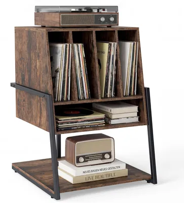 Immagine prodotto di Supporto per giradischi COSTWAY, tavolino per dischi con stazione di ricarica, piano d'appoggio, 4 divisori e ripiano, porta-dischi, 54x57x76,5 cm