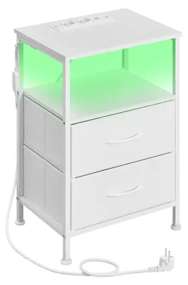 Zdjęcie produktu dla Nocna szafka z oświetleniem LED i stacją ładowania, 2 szuflady i otwarta półka | Biały | 39,6 x 30 x 60,4 cm