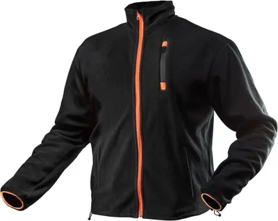 A black fleece sweatshirt with orange accents, displayed on a white background.