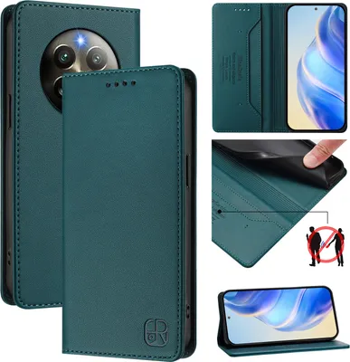 Image de Étui en cuir pour Realme 13 4G/Realme 12+/Realme Narzo 70, étui à rabat avec fentes pour cartes, portefeuille et support Vert foncé