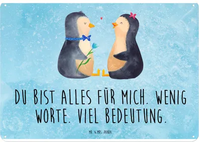 Produktbild von Mr. & Mrs. Panda Wandbild Pinguin Pärchen DIN A4 - Eisblau - Geschenk, Liebe, tafel, Blechschild, Pinguine, Liebespaar, Schild, Türschild, Verlobung, Retro