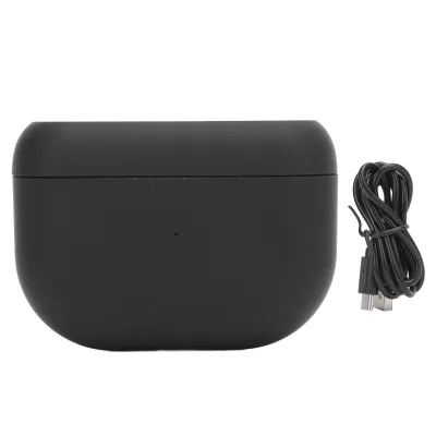 A black charging case for wireless earbuds and a black USB charging cable are shown on a white background.