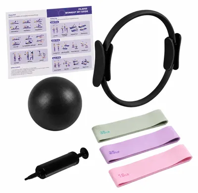 Productafbeelding van Relaxdays Pilates set, 6-delig, inclusief ring, bal met pomp, weerstandsbanden in 3 verschillende sterktes, Pilates accessoires voor thuisgebruik, zwart