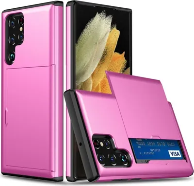 A pink phone case with a cardholder is shown next to a phone.
