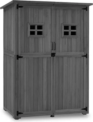 Imagen del producto de Armario de jardín de madera, caseta de jardín pequeña y resistente a la intemperie, cobertizo exterior para herramientas, ideal para exteriores, balcón o terraza, 59x127x168 cm, modelo 0912EY-F (gris)