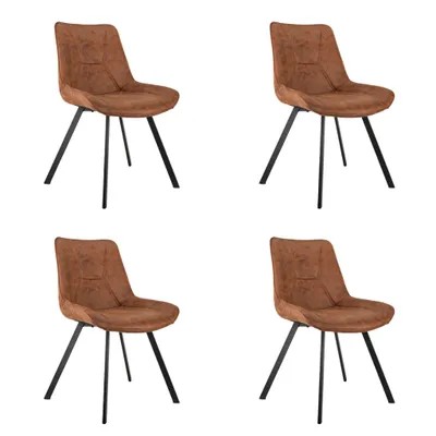 Four brown dining chairs with black legs are arranged in a grid on a white background.