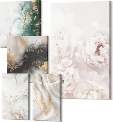 Produktbild von Wandbilder Leinwand 5-teilig – – Polycanvas Kunstdruck – Moderne Bilder für Wohnzimmer & Schlafzimmer – Aufhängefertig – 2x 30x30 cm + 2x 20x30 cm + 1x 40x60 cm – Florale Akzente und abstrakte Muster im eleganten Stil