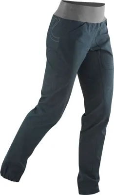 Dunkelblaue Kletterhose für Damen von Edelrid mit elastischem Bund und schmalem Schnitt.