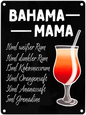 Produktbild von Metallschild in 15x20 cm mit Cocktailrezept für Bahama Mama