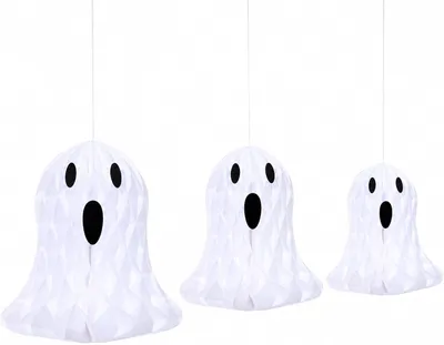Productafbeelding van 3-delige set decoratieve honingraatpapier slingers, 20, 25 en 30 cm, voor Halloween tafeldecoratie