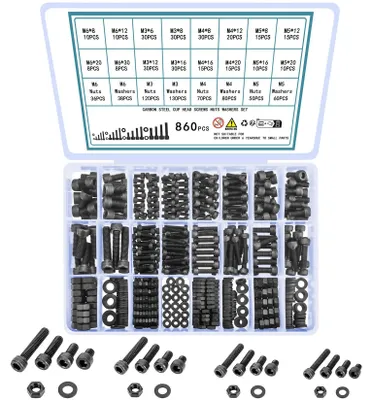 Productafbeelding van 860 stuks inbusschroeven, cilinderkopbouten met schroeven, moeren en ringen, set, M3, M4, M5, M6 machineschroefset, draadschroeven, zeskantbouten en moeren set
