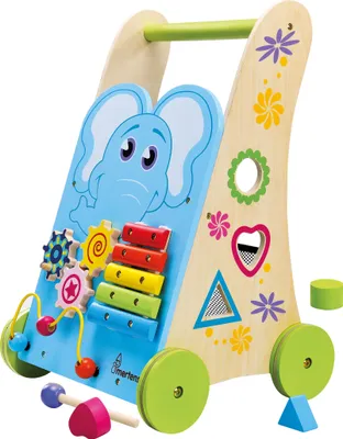 A wooden baby walker with various interactive toys and colorful decorations.