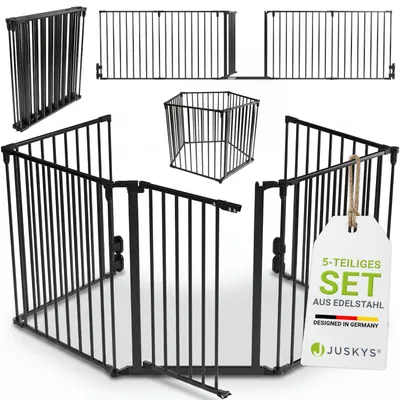 Produktbild von Juskys Metall Kaminschutzgitter 300 x 76 cm klappbar – Schutzgitter für Tiere – 5 Elemente inkl. Tür – Laufgitter Absperrgitter Tiergitter