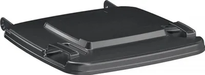 A black lid for a large trash bin is shown from a slightly elevated angle against a white background.