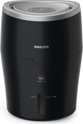 A black Philips humidifier with a silver top and control panel, shown from the front against a white background.