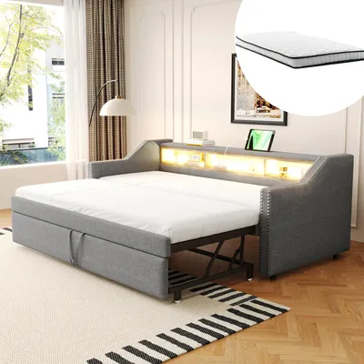 Obrázek produktu pro MODFU Rozkládací pohovka – denní lůžko 90/180×190 cm, čalouněná postel pro děti s multifunkčním úložným prostorem, LED osvětlením a USB portem, světle šedá (se dvěma matracemi)