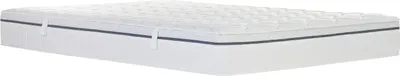 A white mattress with a gray stripe is shown from a side angle against a white background.
