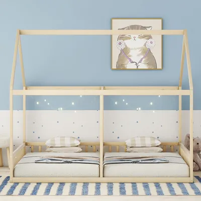 Produktbild von Kinderbett, 90x200 cm, Hausbett mit 2 Schlafgelegenheiten und Lattenrost, Holzbett aus Kiefer, Jugendbett