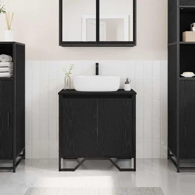 Produktbild von Waschbeckenunterschrank Tür Badmöbel Stauraum Schwarze Eichenoptik 60x35x60 cm