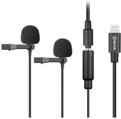 A product shot of two lavalier microphones with a lightning connector and adapter.