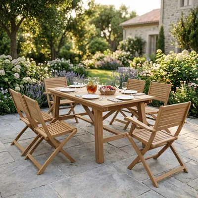 Immagine prodotto di Milani Home - Set tavolo e sedie da giardino per esterno in legno resistente di teak cm 160/240x90x77 h con 6 sedute - Marrone