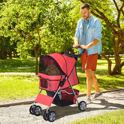 Produktbild von Hundebuggy mit Sonnendach & Becherhalter, Hundewagen klappbar, Oxford-Gewebe, Rot | Stahl | bis 15 kg | 75 x 45 x 97 cm