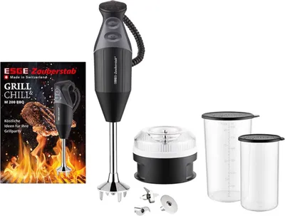A collage showing a hand blender, its accessories, and promotional packaging.