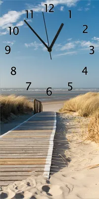 Produktbild von Wallario Design Wanduhr bedruckt, Größe 30 x 60 cm, Motiv: Auf dem Holzweg zum Strand