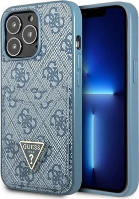 A close-up shot of an iPhone 13 Pro with a blue Guess branded case, showing the back of the phone and case.