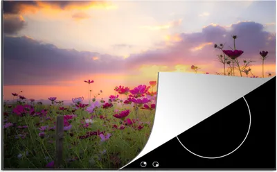 Produktbild von KitchenYeah© Herdabdeckplatte Blumen - Rosa - Sonnenuntergang - Natur - Wiese - Horizont , 81x52cm, Küche Deko, Glaskeramikkochfeld Herdabdeckung, Abdeckplatte fùr Kochfeld