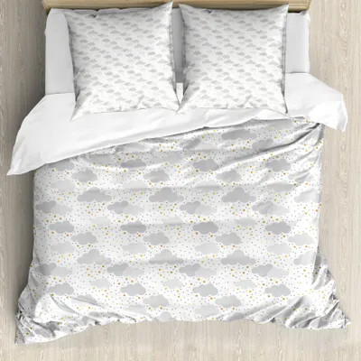 Produktbild von ABAKUHAUS Wolken Bettbezug Set für Einzelbetten, Dreamy Himmel mit Punkten Sterne, Milbensicher Allergiker geeignet mit Kissenbezug, 155 cm x 220 cm - 80 x 80 cm, Pale Grey Pale Kaffee
